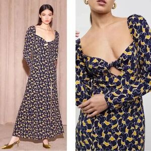 NWT. $595 Staud Josephine Dress in Navy Abstract Wave Sz 2 blue